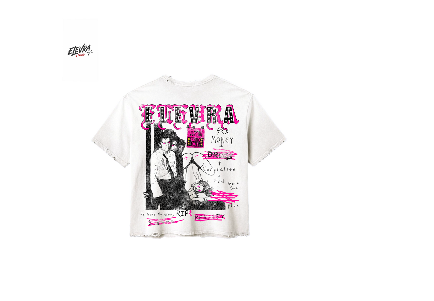 White Elevra graphic tee with pink and black artwork