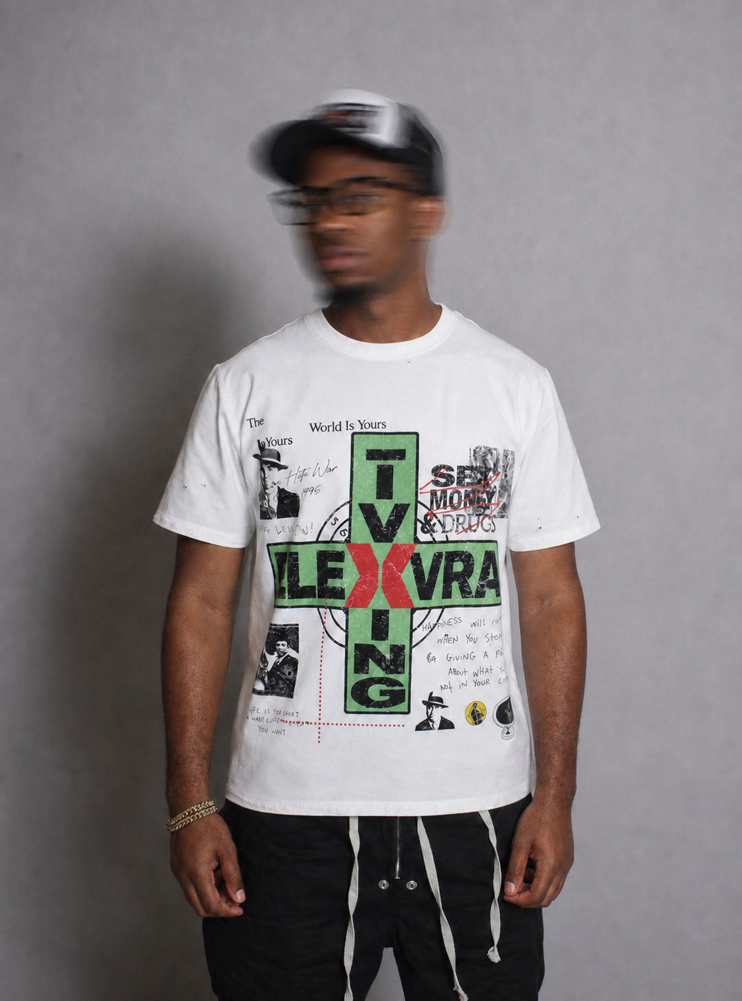 Model wearing the Elevra Skell Tee without necklace